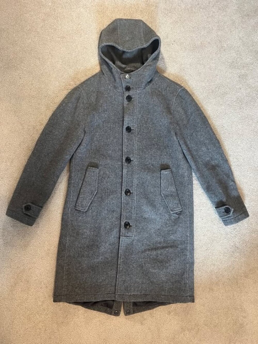 Club Monaco Men's Gray Hooded Wool Blend Coat Size S Button Front Patch Pockets